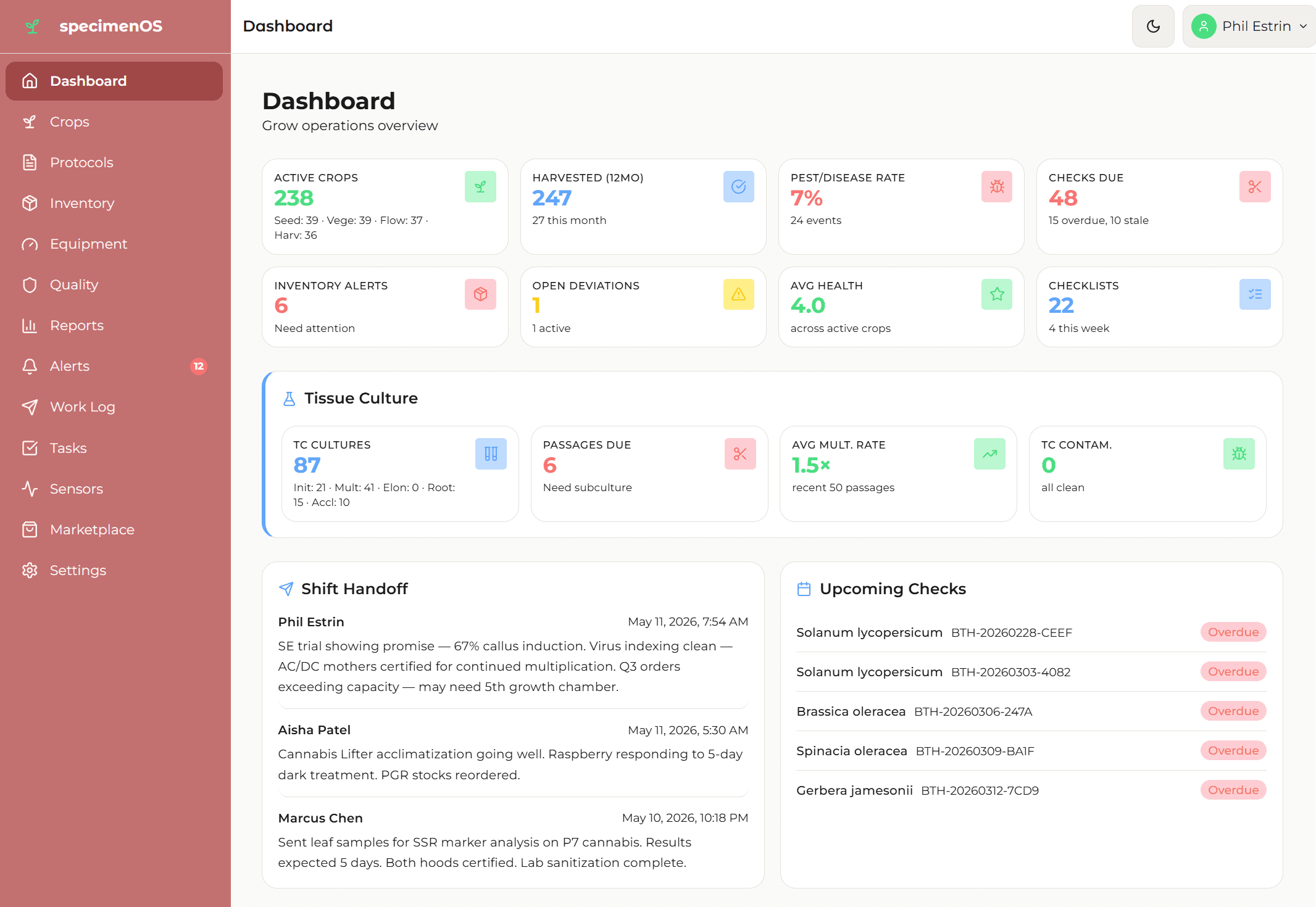 specimenOS dashboard showing active crops, health metrics, tissue culture tracking, and team handoffs